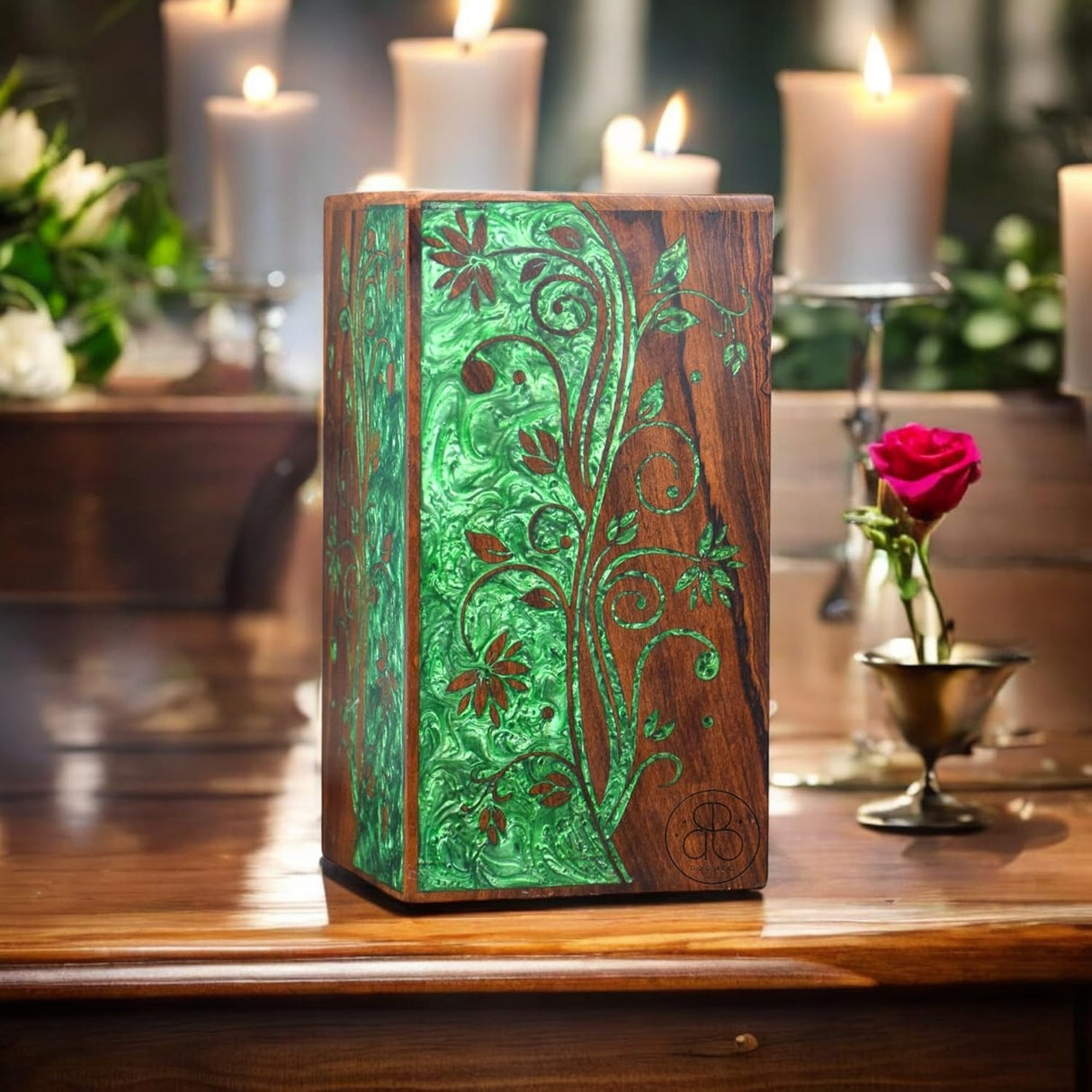 Handcrafted Rosewood Urn Box with Double Side Resin | Memorial Keepsake Box | Funeral Cremation Urn for Ashes | Custom Engraved Urn (8"x5"(110Cu/in))