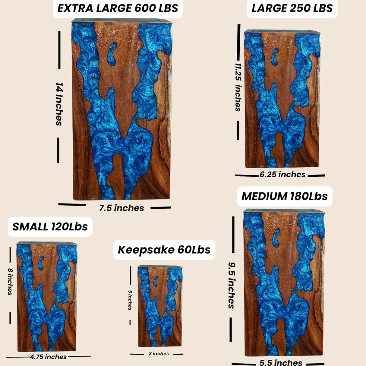 Generic Large Wooden Urn for Cremation, Pinewood & Rosewood, Blue, Floral, Wood Grain Pattern, 3x3x5 Inches, Holds 60 Cubic Inches, Sliding Opening, Glossy Finish, Urn