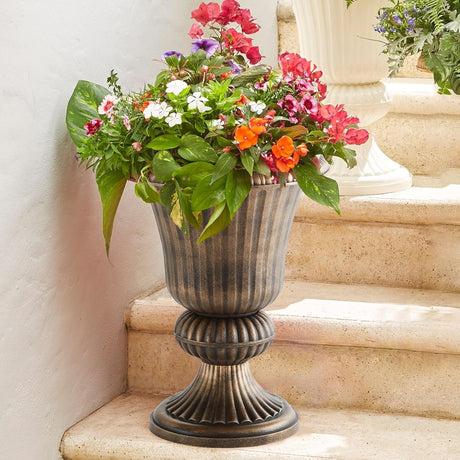 BrylaneHome Embry Urn Plastic Planter 14.5" W x 20" H - Drainage Hole, Suitable for Outdoor & Garden - Bronze