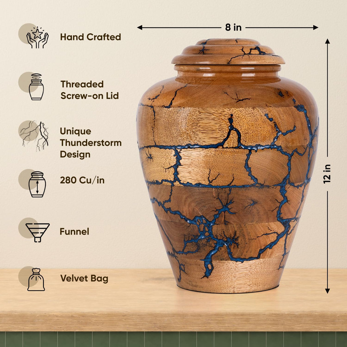 Wooden Cremation Urns for Human Ashes Adult Male 280 Cubic Inches - Urns for Ashes for Women & Men - Blue Urn for Adult Male - Decorative Urn - Burial and Funeral Urn - Blue, Extra Large 280lbs