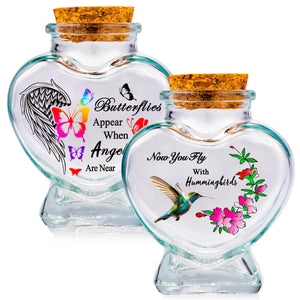 Heart Glass Urns for Ashes - Set of 2 - Sand Jar 'Your Wings Were Ready My Heart Was Not' Small Keepsake Urns for Human, Pet - Tree of Life Memorial Holder