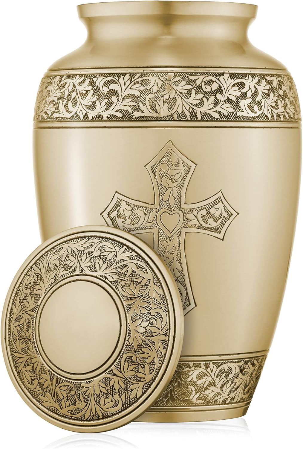 Reminded Adult Cremation Memorial Urn for Human Ashes, Gold Etched Cross Brass Funeral Urn with Velvet Bag