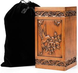 Handcrafted Memorial Urns for Human Ashes Adult Male Female, Decorative Wooden Box for Cremation Ashes Men Women Child, Unique Large Burial Funeral Urn - Hummingbird Design, Holds Up to 270 LBS