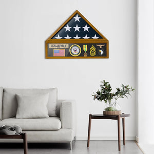 Flag Case for 3'x5' American Flag Display Case Brown Wood Memorial Flag Veteran Military Medal Pins Shadow Box with Acrylic Covered and Wall Mounted (Not for Burial Flag Size)
