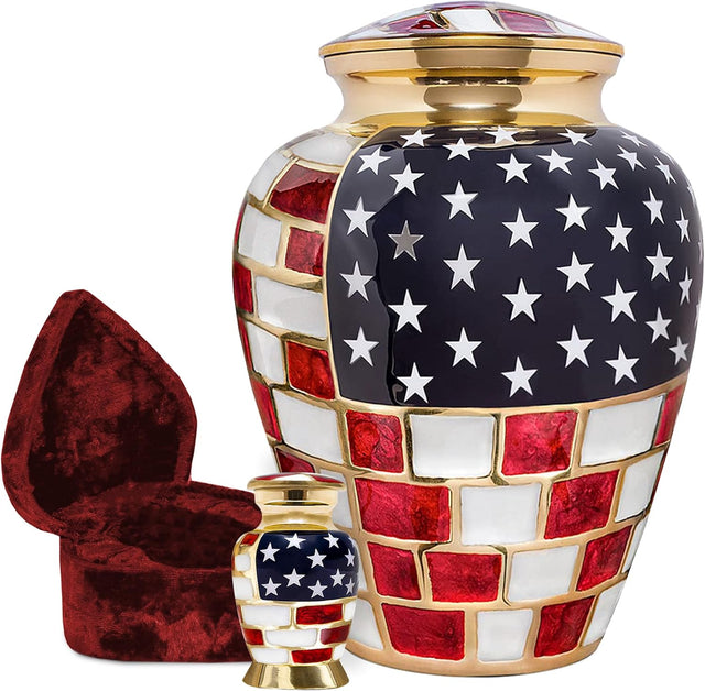 Trupoint Memorials Cremation Urns for Human Ashes, Military and Patriotic Decorative Burial Urn for Veteran Adult Large & Small Urns for Human Ashes Keepsake, Small American Flag with Velvet Heart Box
