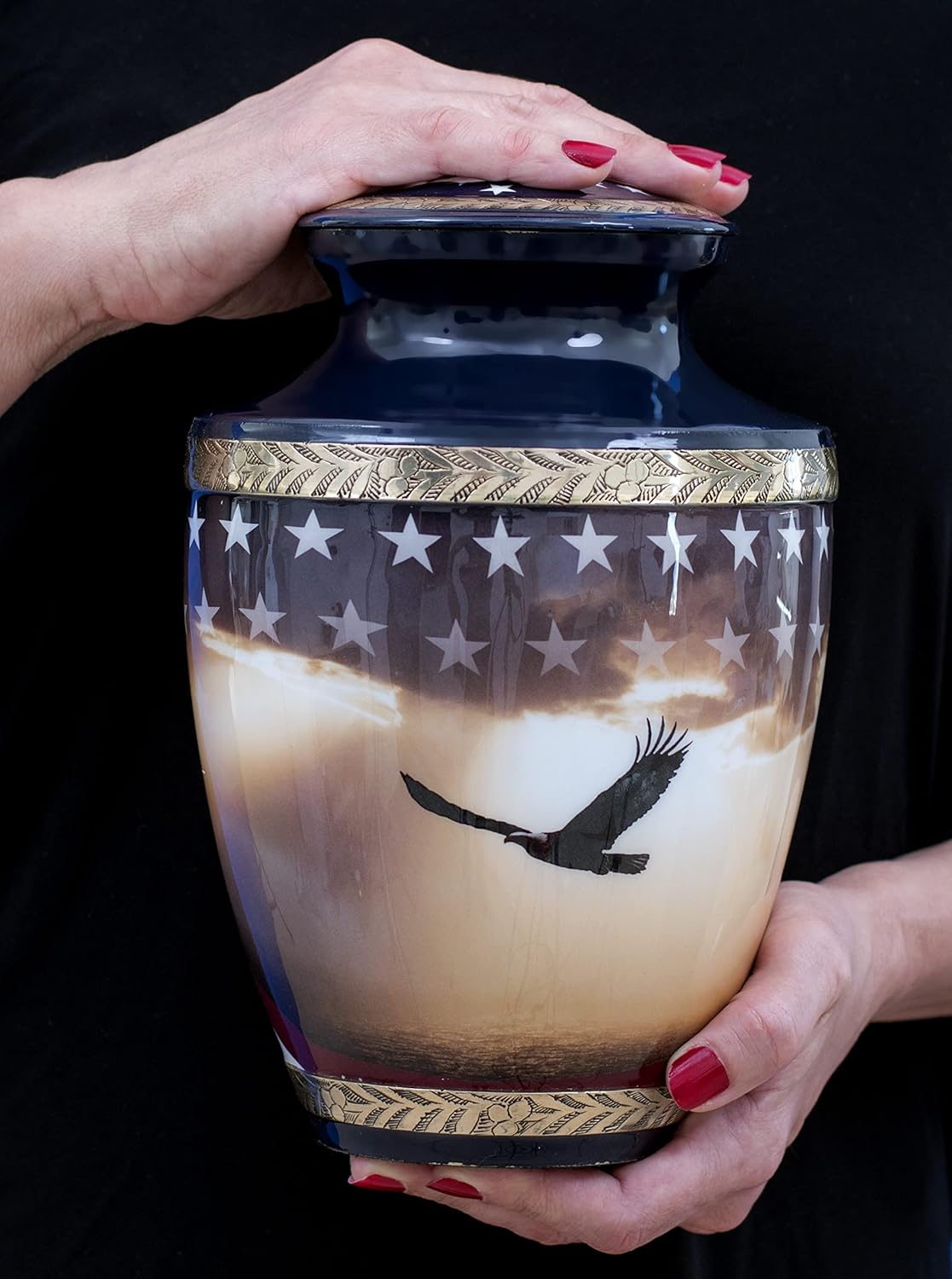 Patriotic Cremation Urn for Human Ashes Adult Male, Navy Blue Funeral American Veteran Cremation Vessel for Men, Designed and Handcrafted in Brass with Care, Military Burial Decorative Ewer