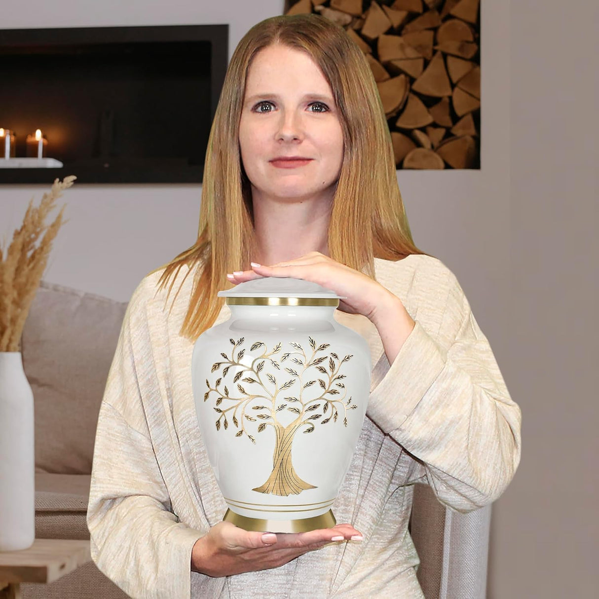 Trupoint Memorials Cremation Urns for Human Ashes, Tree of Life Decorative Burial Urn for Adult Men and Women, Large White