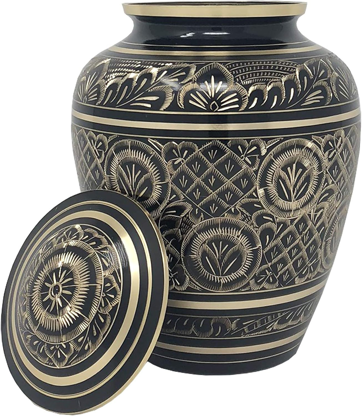 Radiant Elite Metal Adult Cremation Urn - Hand Engraved Accents - Momentful Life - Elegant Black and Gold Urn