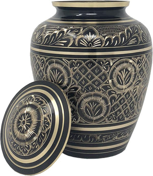 Radiant Elite Metal Adult Cremation Urn - Hand Engraved Accents - Momentful Life - Elegant Black and Gold Urn