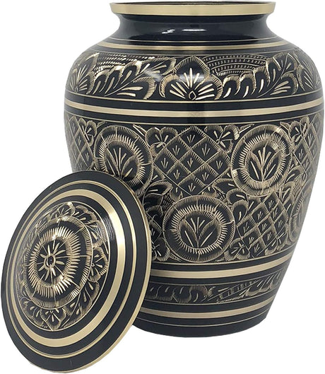 Radiant Elite Metal Adult Cremation Urn - Hand Engraved Accents - Momentful Life - Elegant Black and Gold Urn