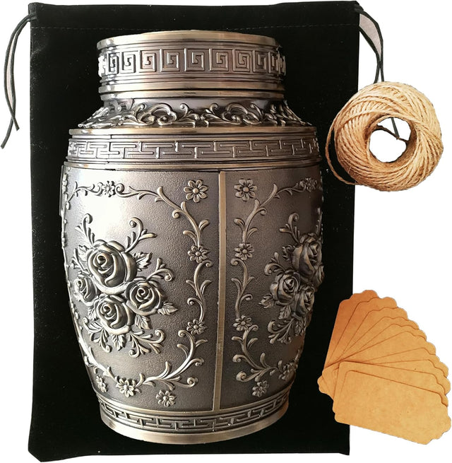 Keepsake Rose Urns for Human Ashes Medium Cremation Burial Urn for Adult Human Ashes Beautiful Zinc Alloy Decorative Funeral Urns, 7.1" H x 4.7" L（Bronze）