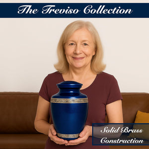 Blue Funeral Cremation Urn for Human Ashes - Hand Made in Brass - Suitable for Cemetery Burial or Niche - Large Size fits Remains of Adults up to 200 lbs - Torino Model