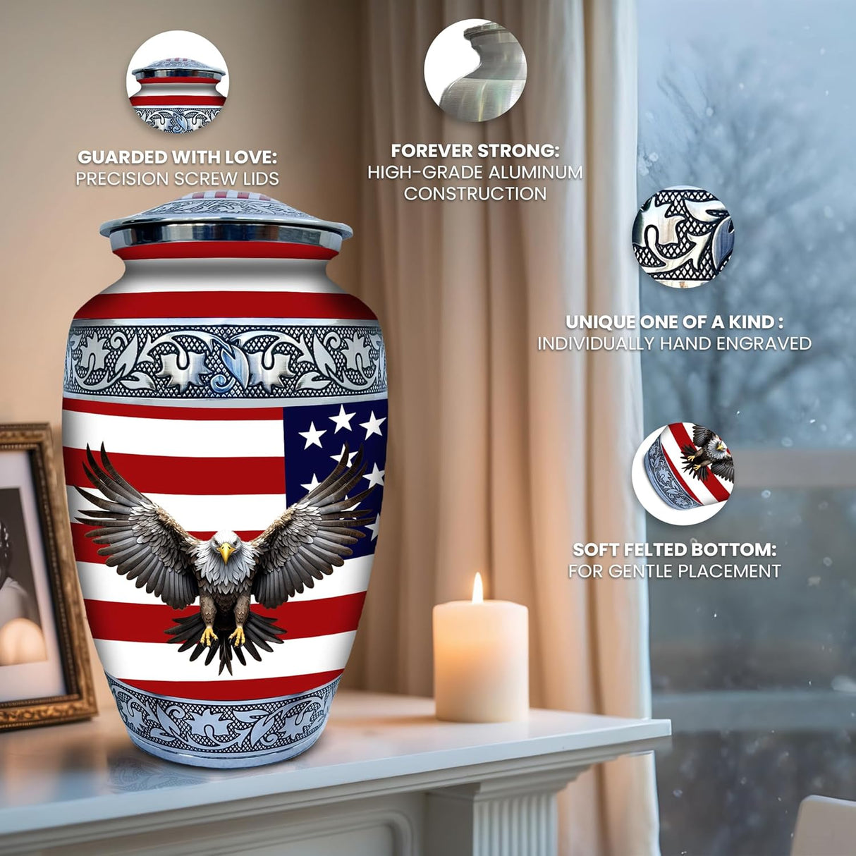 Set of 6 American Flag Decorative Cremation Urns for Ashes Adult Male & Female Includes 1 Large Urn with 4 Small Keepsakes & 1 NecklaceUrn for Human Ashes