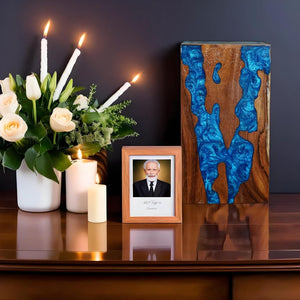 Generic Large Wooden Urn for Cremation, Pinewood & Rosewood, Blue, Floral, Wood Grain Pattern, 3x3x5 Inches, Holds 60 Cubic Inches, Sliding Opening, Glossy Finish, Urn