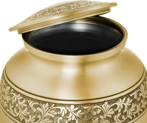 Reminded Adult Cremation Memorial Urn for Human Ashes, Gold Etched Cross Brass Funeral Urn with Velvet Bag
