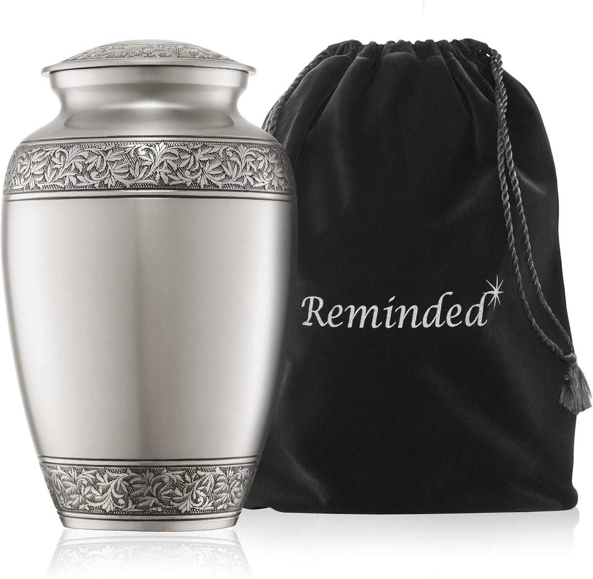 Reminded Cremation Memorial Urn for Human Ashes, Silver Adult Funeral Urn with Velvet Bag