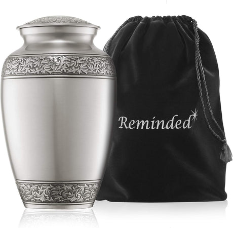 Reminded Cremation Memorial Urn for Human Ashes, Silver Adult Funeral Urn with Velvet Bag