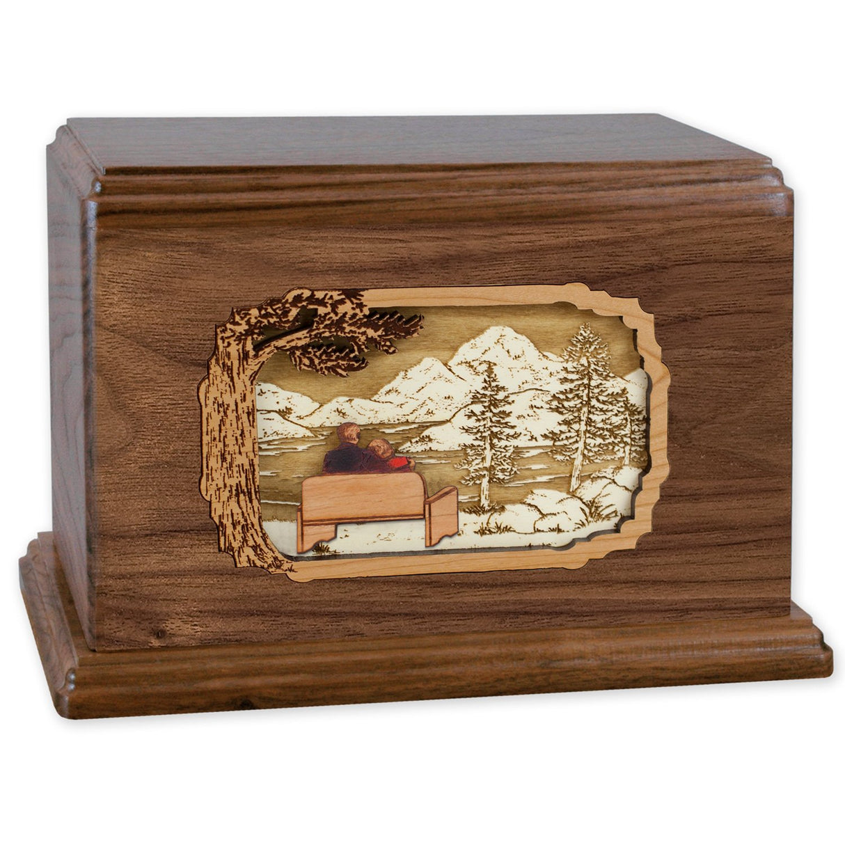Soulmates Together Forever Wooden Companion Cremation Urn for Two People - Wood Art Inlay Funeral Urn with Couple Together Again on Bench (Companion Urn for Two People, Walnut Custom)