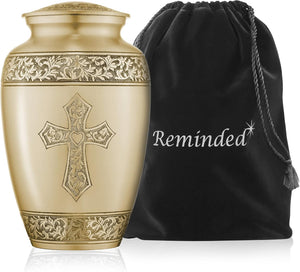 Reminded Adult Cremation Memorial Urn for Human Ashes, Gold Etched Cross Brass Funeral Urn with Velvet Bag