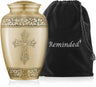Reminded Adult Cremation Memorial Urn for Human Ashes, Gold Etched Cross Brass Funeral Urn with Velvet Bag