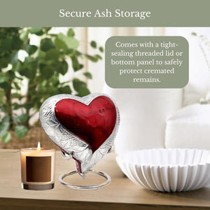 NORSE'S TRADECRAFT Heart Mini Urn for Ashes Adult Male, Female | Memorial Gifts with Velvet Box & Stand l Handcrafted Cremation Urns for Human Ashes, Pets | Red Heart with Engraved Design - 3 cu in