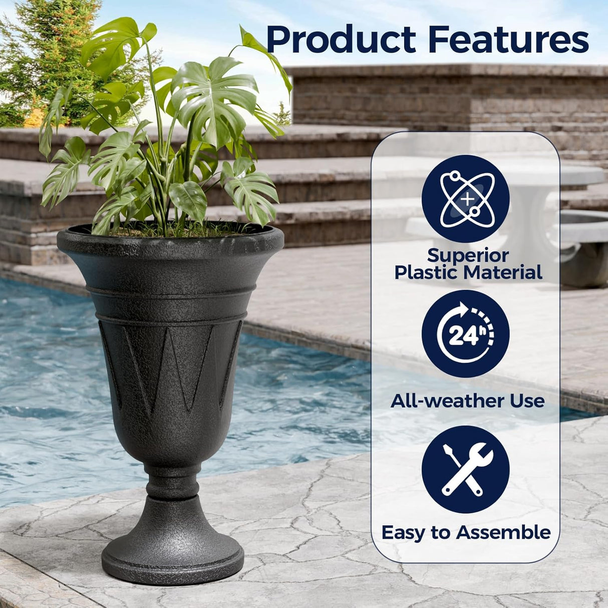 23" Tall Plastic Urn Planter (2-Pack) – Planters for Outdoor Plants with Drainage Holes & Trophy Design, Heavy-Duty Classic Indoor Large Flower Pots for Home Garden, Front Porch & Decor, Black