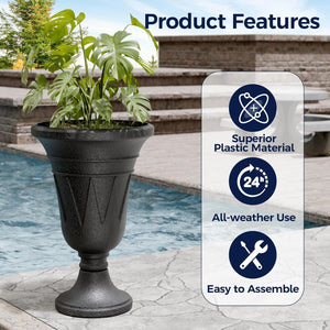 23" Tall Plastic Urn Planter (2-Pack) – Planters for Outdoor Plants with Drainage Holes & Trophy Design, Heavy-Duty Classic Indoor Large Flower Pots for Home Garden, Front Porch & Decor, Black