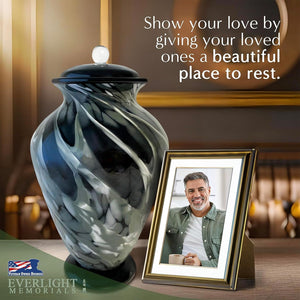 Hand Blown Glass Modern Urn for Ashes Adult Male – Large Cremation Urns for Human Ashes – Memorial Funeral Urn for Men & Women, Home Display, or Burial (Black/Silver, Adult)