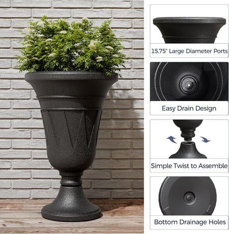 23" Tall Plastic Urn Planter (2-Pack) – Planters for Outdoor Plants with Drainage Holes & Trophy Design, Heavy-Duty Classic Indoor Large Flower Pots for Home Garden, Front Porch & Decor, Black