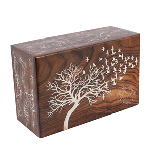 Wooden Box Funeral Cremation Urns for Human Ashes Adult Large - Burial Urns for Columbarium - Tree of Life Flying Bird (250 Cubic Inches, Twin Tree - Heart)
