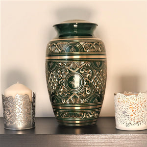 Irish Green Funeral Urn by Liliane Memorials - Cremation Urn for Human Ashes - Hand Made in Brass - Suitable for Cemetery Burial or Niche - Large Size fits Remains of Adults up to 200 lbs - Cassis