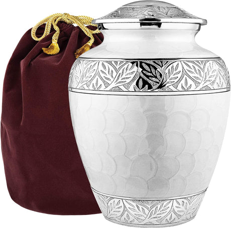 Trupoint Memorials Cremation Urn for Ashes for Women Female, Urns for Human Ashes Male, Engraved Mother of Pearl Funeral Urn for Adult Man, Silver Lining Large White