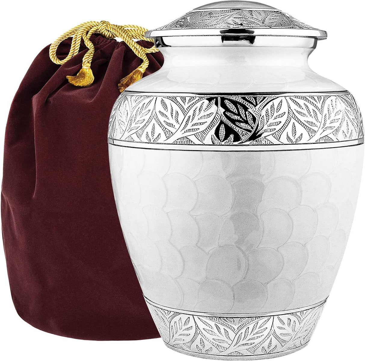 Trupoint Memorials Cremation Urn for Ashes for Women Female, Urns for Human Ashes Male, Engraved Mother of Pearl Funeral Urn for Adult Man, Silver Lining Large White