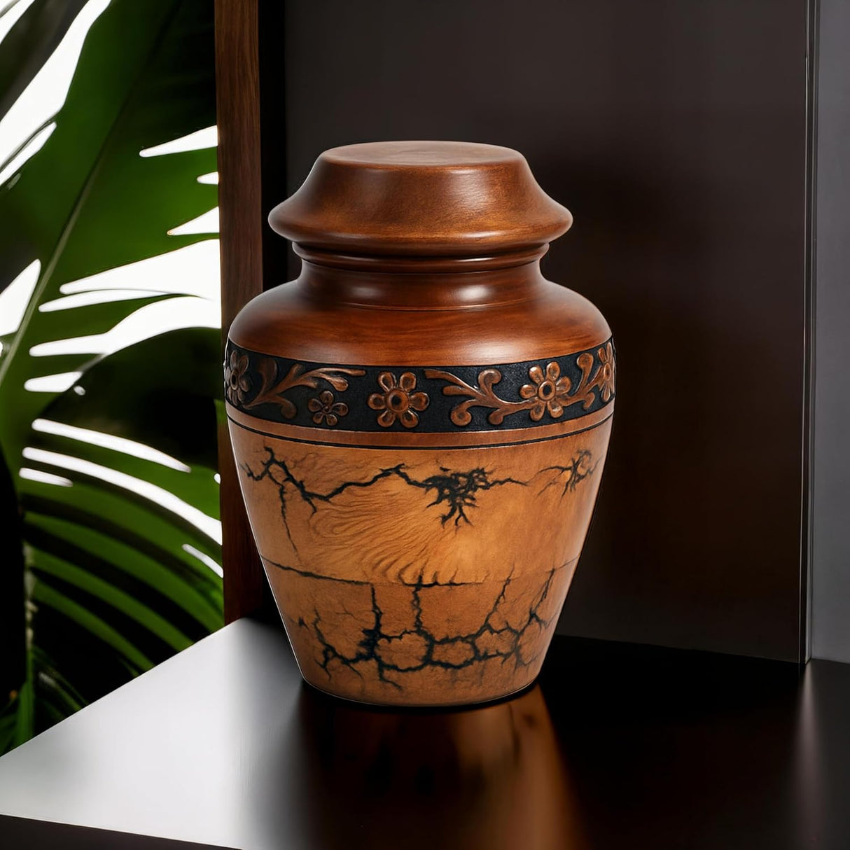 Wooden Cremation Urn with Fractal Design, Black Resin Inlay, Adult Size for Man and Women Decorative Handcrafted urn. (Small Keepsake (20 Cu in))