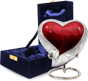 NORSE'S TRADECRAFT Heart Mini Urn for Ashes Adult Male, Female | Memorial Gifts with Velvet Box & Stand l Handcrafted Cremation Urns for Human Ashes, Pets | Red Heart with Engraved Design - 3 cu in