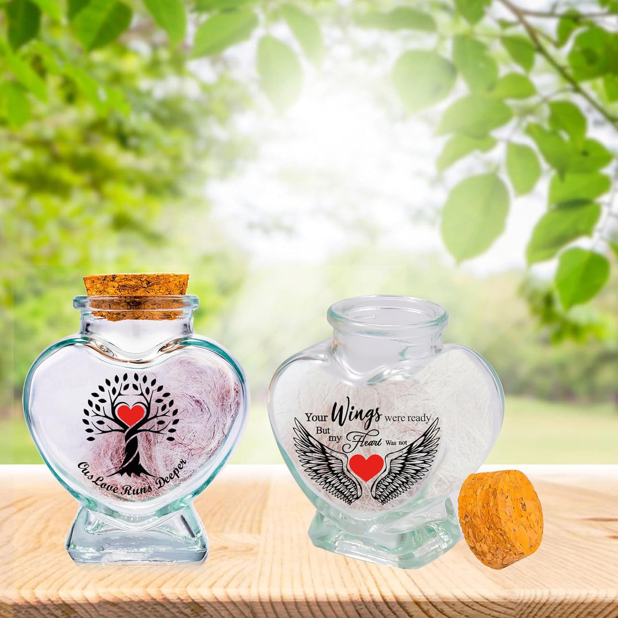 Heart Glass Urns for Ashes - Set of 2 - Sand Jar 'Your Wings Were Ready My Heart Was Not' Small Keepsake Urns for Human, Pet - Tree of Life Memorial Holder
