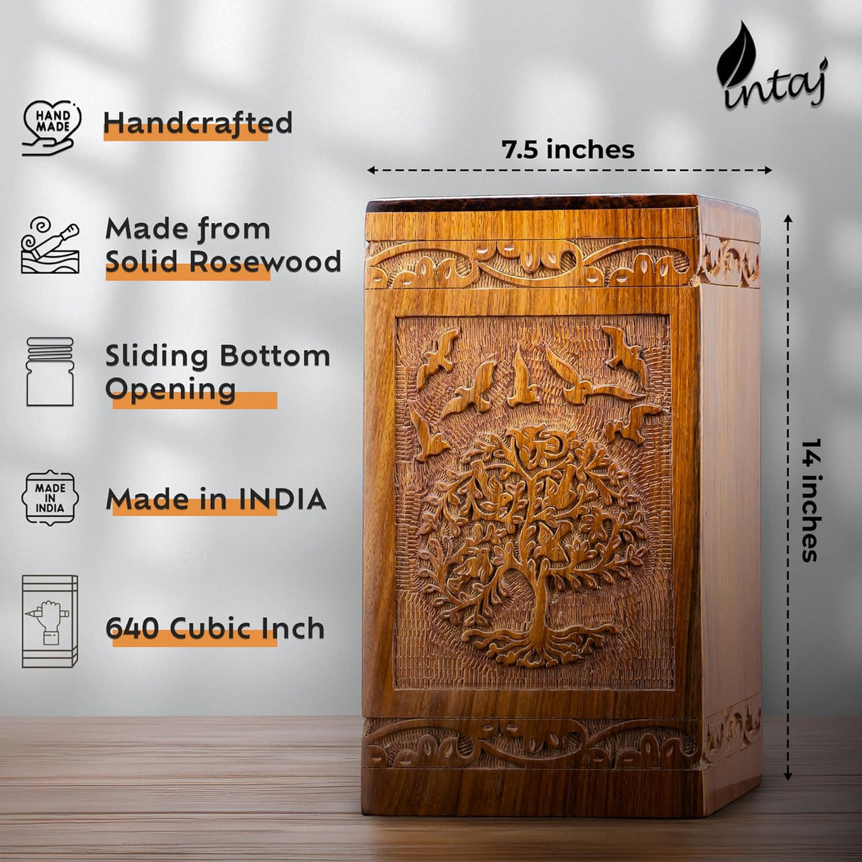 INTAJ Cremation Urns for Ashes – Companion Wooden Tree of Life Urn Box and Casket for Human Ashes of Men, Women, Child, or Pets (Cat/Dog) – Memorial Burial Funeral Urns – Holds 640 Cubic Inches