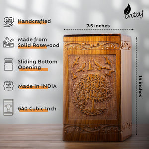 INTAJ Cremation Urns for Ashes – Companion Wooden Tree of Life Urn Box and Casket for Human Ashes of Men, Women, Child, or Pets (Cat/Dog) – Memorial Burial Funeral Urns – Holds 640 Cubic Inches