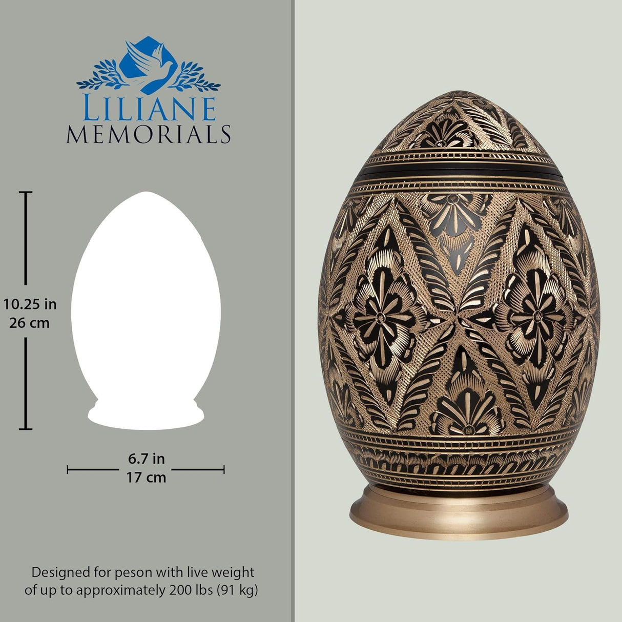 Black and Gold Cremation Urn by Liliane Memorials - Urns for Human Ashes Remains - Brass - Suitable for Funeral Cemetery Burial or Niche - Large Size for Adults up to 200 lbs - Egg Shape