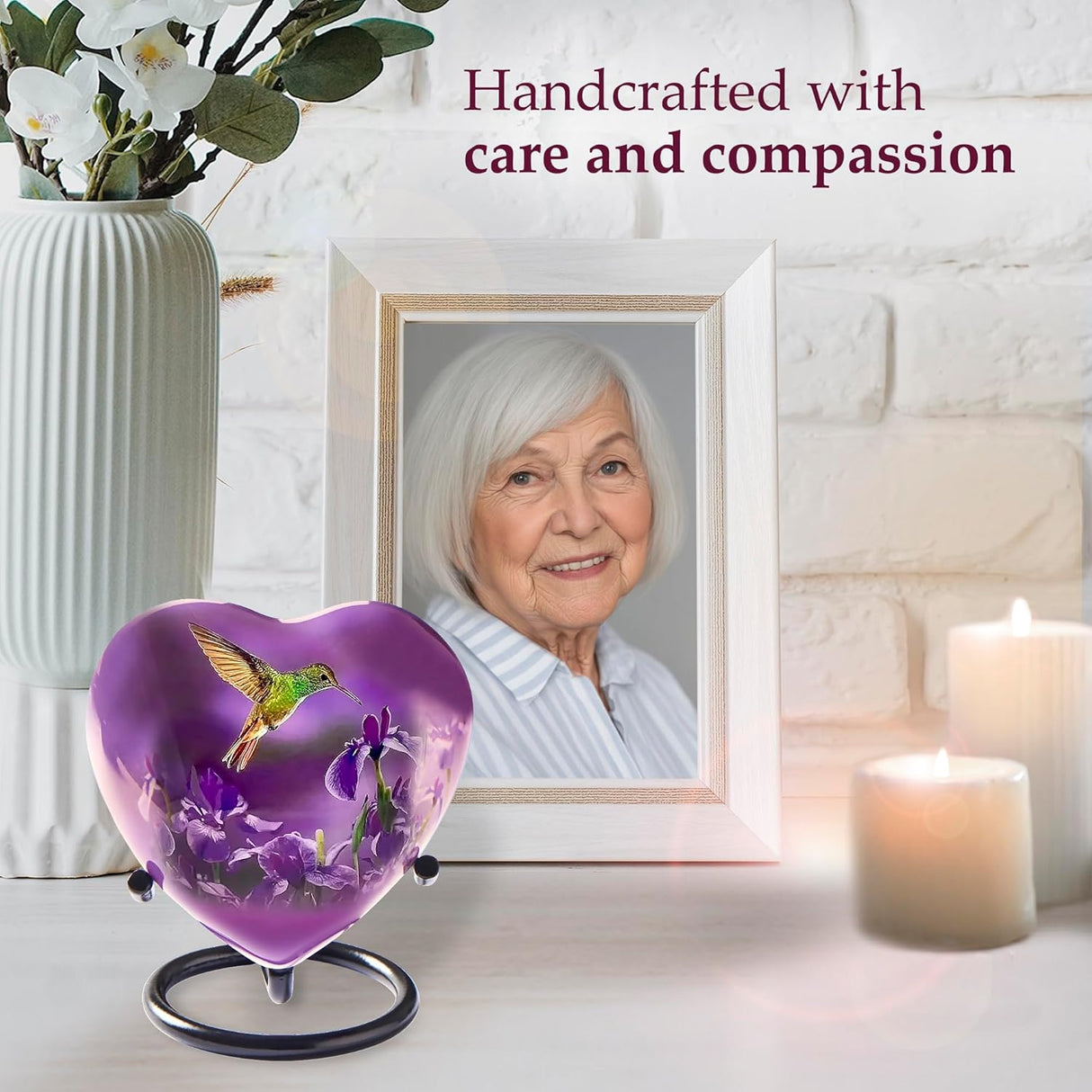 Trupoint Memorials Small Urns for Human Ashes Keepsake, Mini Heart Urn with Stand, Decorative Cremation Urns for Adult Men & Women – Medium Hummingbird Heart Stand