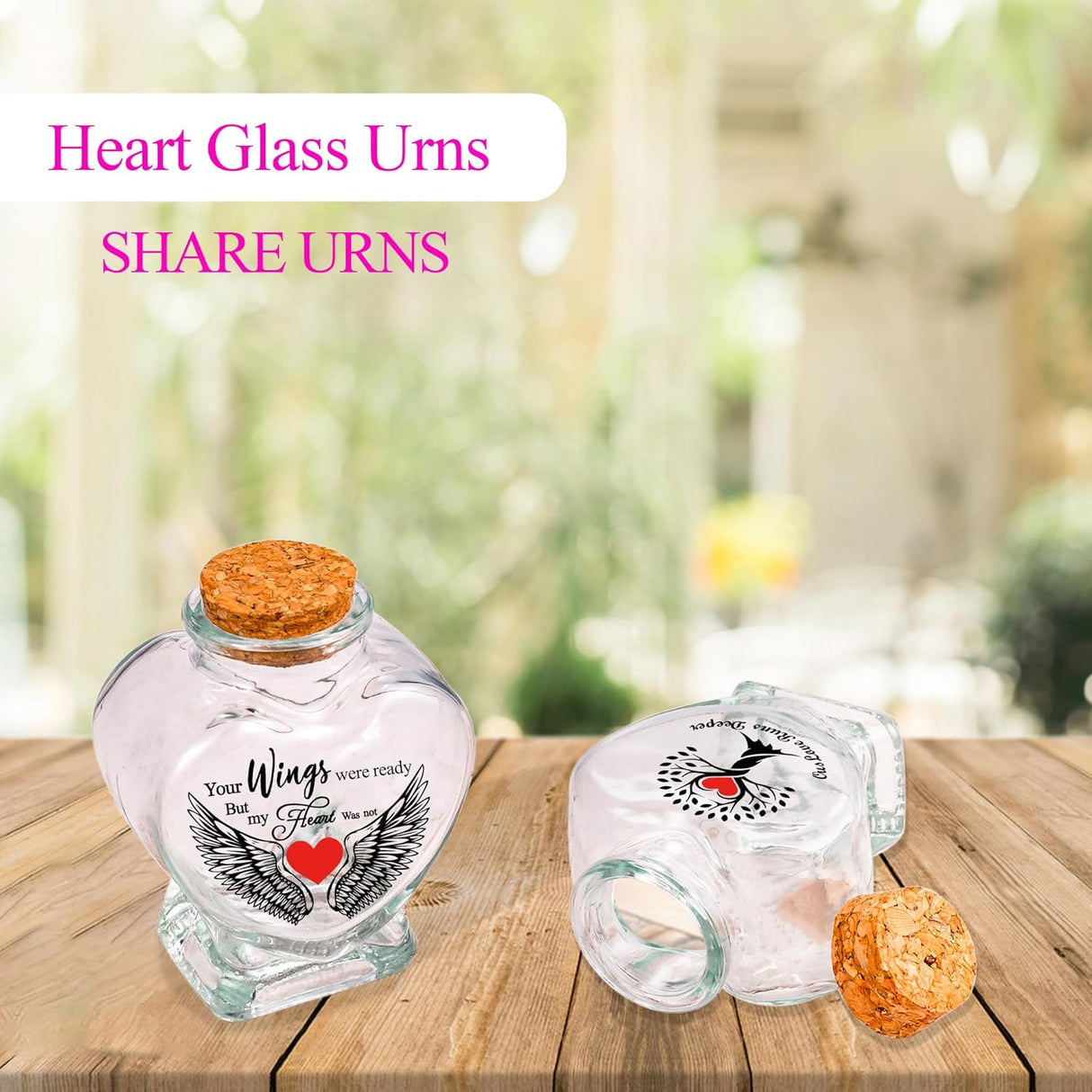 Heart Glass Urns for Ashes - Set of 2 - Sand Jar 'Your Wings Were Ready My Heart Was Not' Small Keepsake Urns for Human, Pet - Tree of Life Memorial Holder