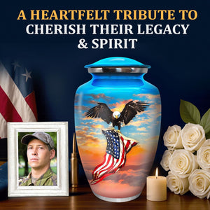 Urn for Ashes Adult Male - Patriotic Cremation Urns for Human Ashes Adult Man with Eagle & American Flag Designs - Elegant Memorial Urns for Veterans, Dad, or Husband (Denim Blue, Large)