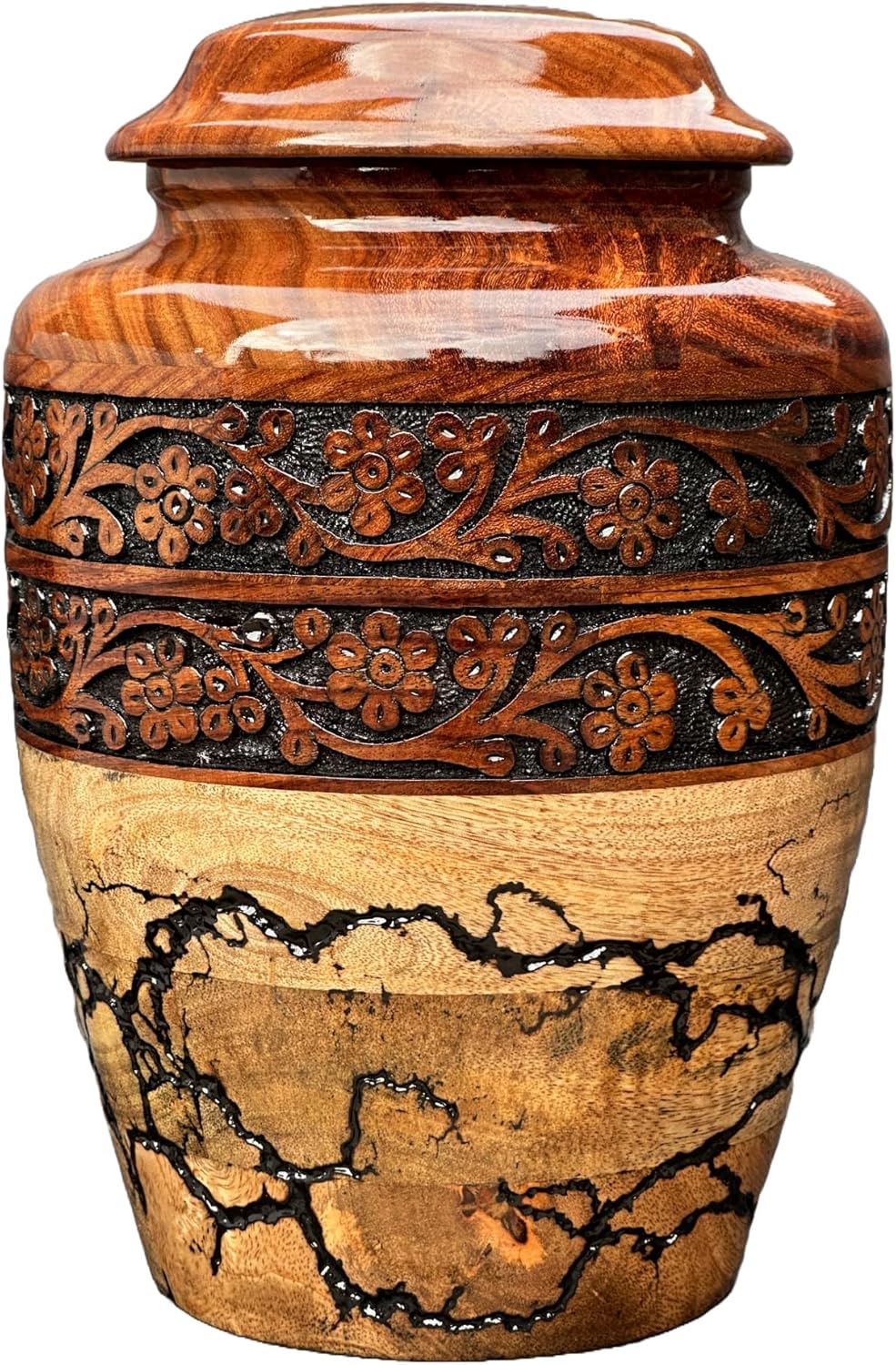 Wooden Cremation Urn for Human Ashes Handcrafted Urn for Adult Men & Women Memorial Urn for Ashes Decorative Burial & Funeral Urn (Hand Curving Border, Large 250lbs)