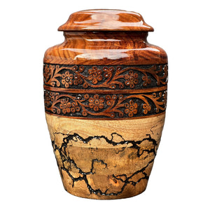 Wooden Cremation Urn for Human Ashes Handcrafted Urn for Adult Men & Women Memorial Urn for Ashes Decorative Burial & Funeral Urn (Hand Curving Border, Large 250lbs)