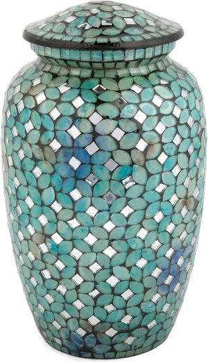 Mosaic Glass Cremation Urn - Hand Made Funeral Urn for Human Ashes - Large Adult Size Burial Urn - Hand Applied Individual Tiles Create a one of a Kind Work of Art - 200 cu in (Blue)