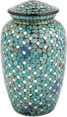 Mosaic Glass Cremation Urn - Hand Made Funeral Urn for Human Ashes - Large Adult Size Burial Urn - Hand Applied Individual Tiles Create a one of a Kind Work of Art - 200 cu in (Blue)