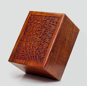 Hand Carved Wooden Cremation Urns for Human Ashes Adult & Pets, Memorial Urn Box, Keepsake for Burial/Funeral Ashes, Tree of Life Urn, Capacity 38" Cu/in (Medium 6.25 x 4.25 x 2.8 Inch)