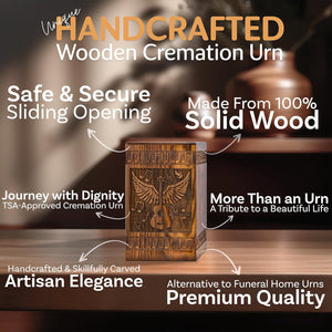 INTAJ Small Wooden Cremation Urns for Human Ashes Adult Male 20 Cubic Inches - Keepsake Urn for Ashes for Women & Men - Angel Wings Guitar Design, Wooden Carved Urn Box, Suitable for Burial & Funeral