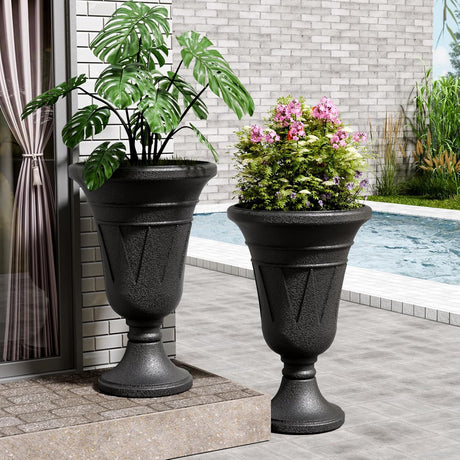 23" Tall Plastic Urn Planter (2-Pack) – Planters for Outdoor Plants with Drainage Holes & Trophy Design, Heavy-Duty Classic Indoor Large Flower Pots for Home Garden, Front Porch & Decor, Black