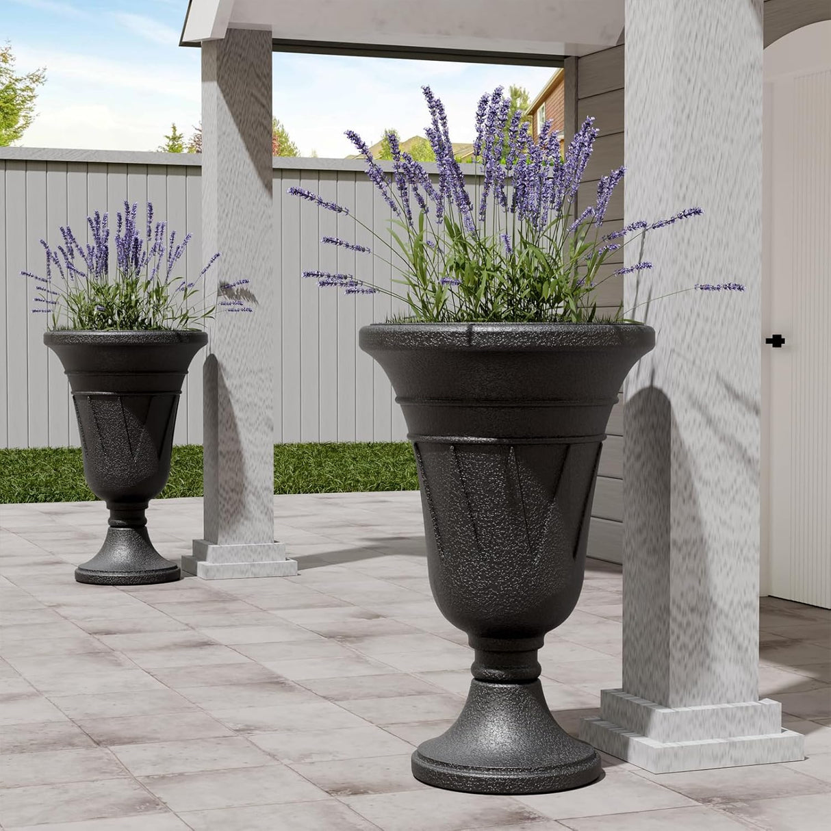 23" Tall Plastic Urn Planter (2-Pack) – Planters for Outdoor Plants with Drainage Holes & Trophy Design, Heavy-Duty Classic Indoor Large Flower Pots for Home Garden, Front Porch & Decor, Black